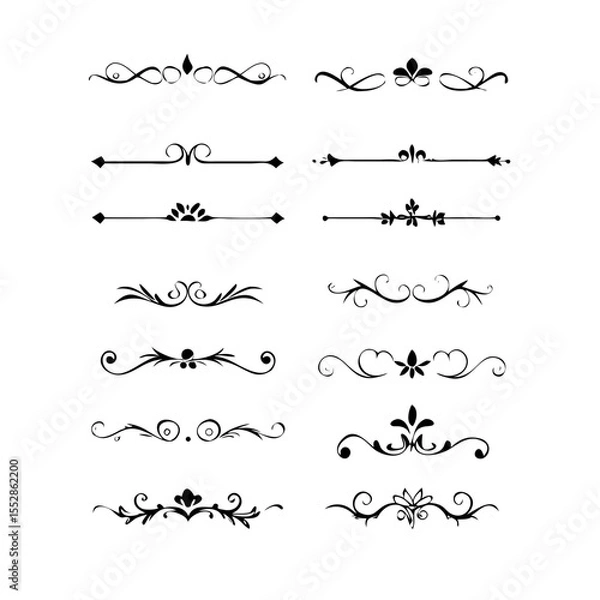 Fototapeta Text dividers doodle set. Wedding decorative elements. Divider ornament, borders, vintage line separators. Hand drawn vector illustration isolated on white background
