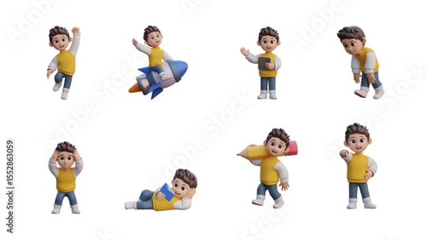 Fototapeta Funny cartoon boy in various poses with shopping bags in a colorful illustrated set