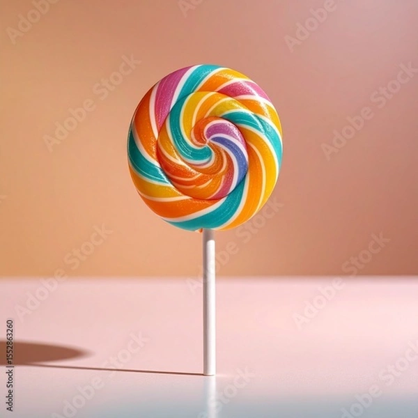 Fototapeta A single colorful lollipop standing upright on a pastel surface, captured in dramatic close-up with shallow depth of field, soft backlighting, and a clean minimal background, ultra-detailed