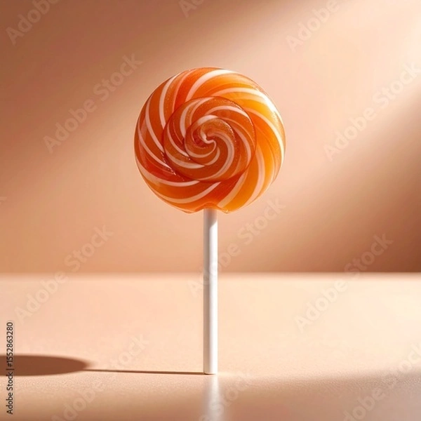 Fototapeta A single colorful lollipop standing upright on a pastel surface, captured in dramatic close-up with shallow depth of field, soft backlighting, and a clean minimal background, ultra-detailed