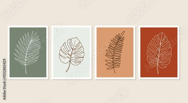 Fototapeta Set of Four Minimalist Botanical Line Art Prints Palm, Monstera, Fern Leaf Illustrations