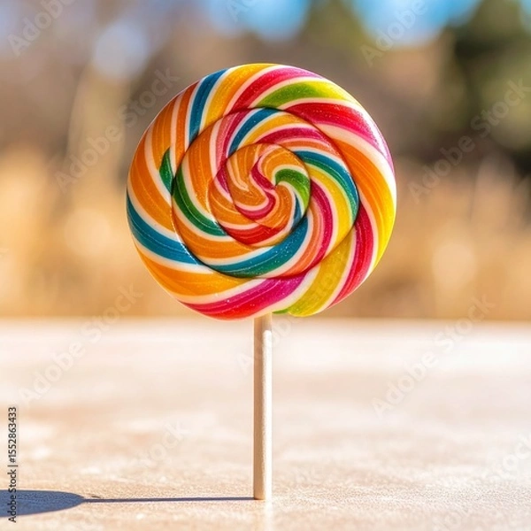 Fototapeta A single colorful lollipop standing upright on a pastel surface, captured in dramatic close-up with shallow depth of field, soft backlighting, and a clean minimal background, ultra-detailed