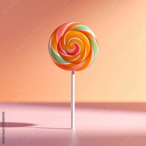 Fototapeta A single colorful lollipop standing upright on a pastel surface, captured in dramatic close-up with shallow depth of field, soft backlighting, and a clean minimal background, ultra-detailed
