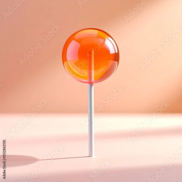 Fototapeta A single colorful lollipop standing upright on a pastel surface, captured in dramatic close-up with shallow depth of field, soft backlighting, and a clean minimal background, ultra-detailed