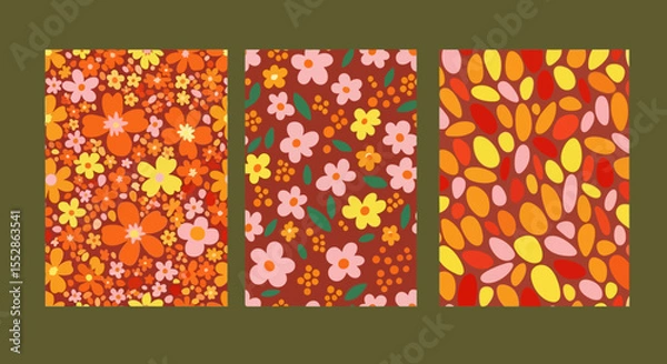 Fototapeta Retro Floral and Abstract Seamless Patterns Orange, Pink, and Yellow Designs