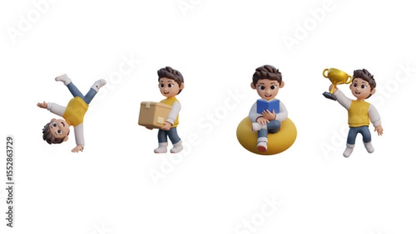 Fototapeta Children playing soccer with happy fans and cartoon players in a fun scene