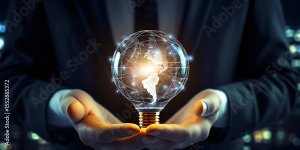 Fototapeta Businessman holding light bulb and brain with data network digital technology, Generative AI.