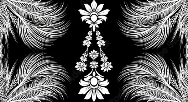 Fototapeta Elegant Black and White Feather and Floral Design, Symmetrical Pattern,  Vector Illustration