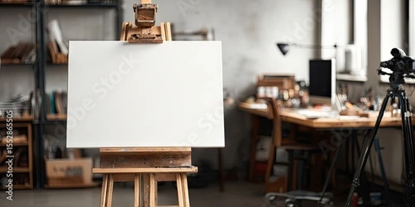 Fototapeta Blank canvas on easel in artist's studio, shallow depth of field, blurred background with work table, shelves, and video camera