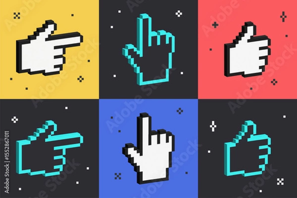 Fototapeta Set of 3d hand gesture signs. Isometric 8 bit pointing hands. Volumetric geometric hands with thumbs up. Voxel cursor. Cyber symbols in y2k futuristic design.