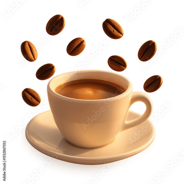 Fototapeta Aromatic Brew and Bean: A close-up shot of a creamy coffee cup surrounded by floating coffee beans on a pristine surface.