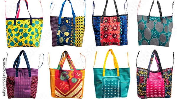 Fototapeta Patterned Tote Bags in Vibrant Colors on the Transparent Background