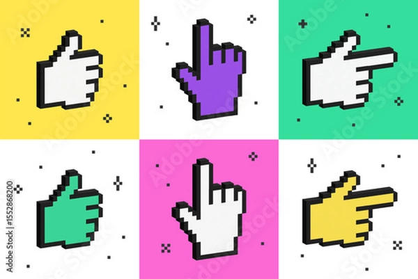 Fototapeta Set of 3d hand gesture signs. Isometric 8 bit pointing hands. Volumetric geometric hands with thumbs up. Voxel cursor. Cyber symbols in y2k futuristic design.
