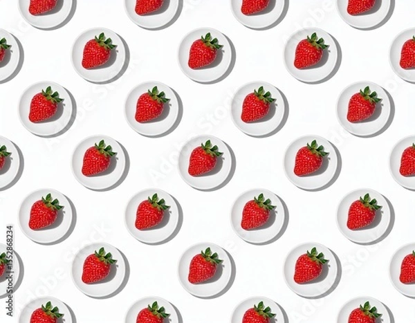 Fototapeta Summer creative pattern with strawberry on small plate on white background