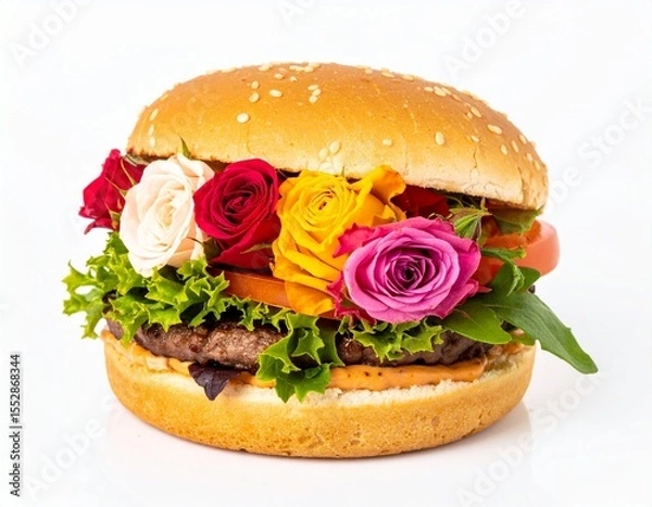 Fototapeta An imaginative burger filled with colorful roses and foliage, substituting traditional ingredients on white background