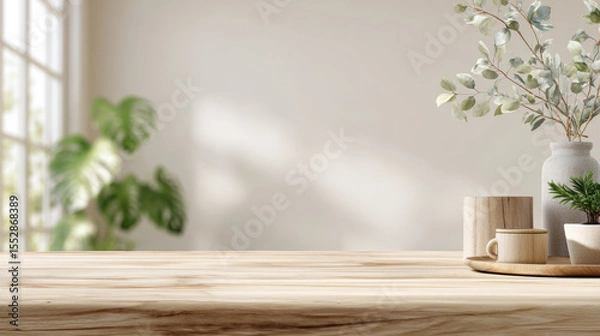 Fototapeta front view of a clean light wood top of table, minimal boho background for product mockups, soft natural daylight. 3d illustration. 