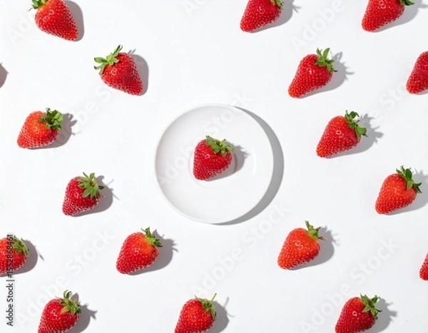Fototapeta Summer creative pattern with strawberry on small plate on white background