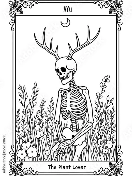 Obraz clean, simple tarot card illustration titled The Plant Lover line art of a skeleton sitting in a field of blooming flowers and herbs