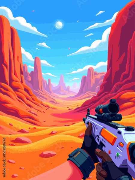 Obraz first person perspective screenshot from a realistic FPP game set in a desert setting 100 years the future 