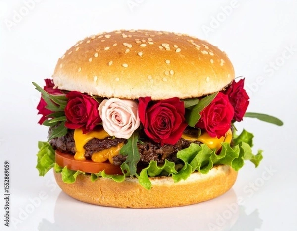 Fototapeta An imaginative burger filled with colorful roses and foliage, substituting traditional ingredients isolated  on white background