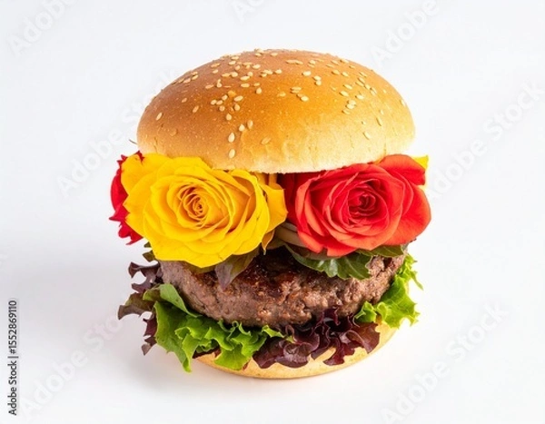 Fototapeta An imaginative burger filled with colorful roses and foliage, substituting traditional ingredients on white background