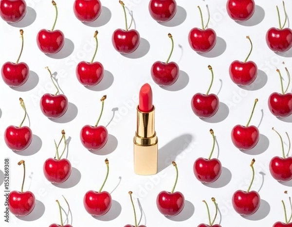 Fototapeta Summer creative pattern with bright red cherries and golden lipstick on white  background