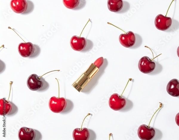 Fototapeta Summer creative pattern with bright red cherries and golden lipstick on white