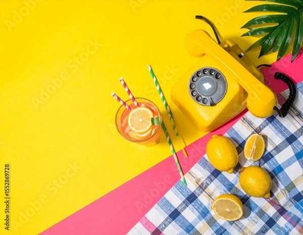 Fototapeta Summer creative layout with cocktail glass, lemons, drinking straws, ice cubes and yellow retro telephone with palm leaf on bright yellow and plaid background