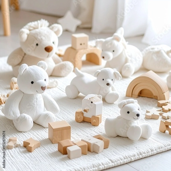 Fototapeta A colorful collection of children's toys arranged neatly on a soft play mat, including building blocks, stuffed animals, and wooden puzzles, bright lighting, cheerful atmosphere, ultra-detailed