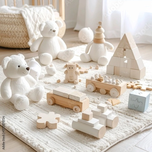 Fototapeta A colorful collection of children's toys arranged neatly on a soft play mat, including building blocks, stuffed animals, and wooden puzzles, bright lighting, cheerful atmosphere, ultra-detailed