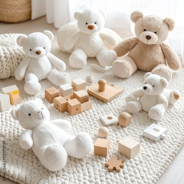 Fototapeta A colorful collection of children's toys arranged neatly on a soft play mat, including building blocks, stuffed animals, and wooden puzzles, bright lighting, cheerful atmosphere, ultra-detailed