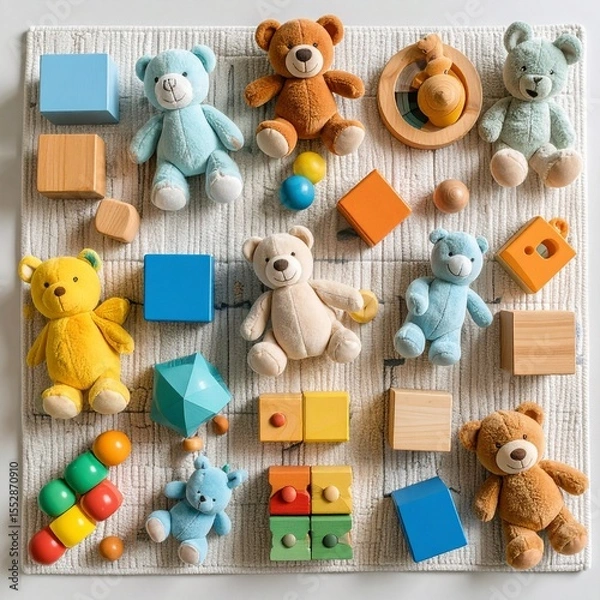 Fototapeta A colorful collection of children's toys arranged neatly on a soft play mat, including building blocks, stuffed animals, and wooden puzzles, bright lighting, cheerful atmosphere, ultra-detailed