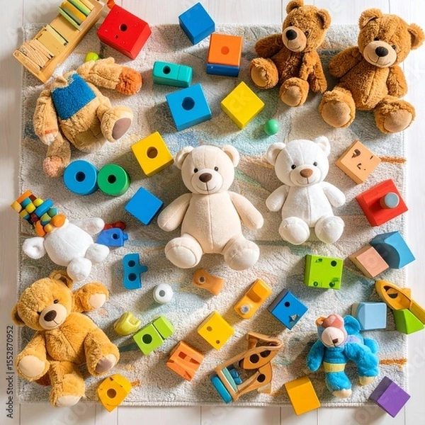 Fototapeta A colorful collection of children's toys arranged neatly on a soft play mat, including building blocks, stuffed animals, and wooden puzzles, bright lighting, cheerful atmosphere, ultra-detailed