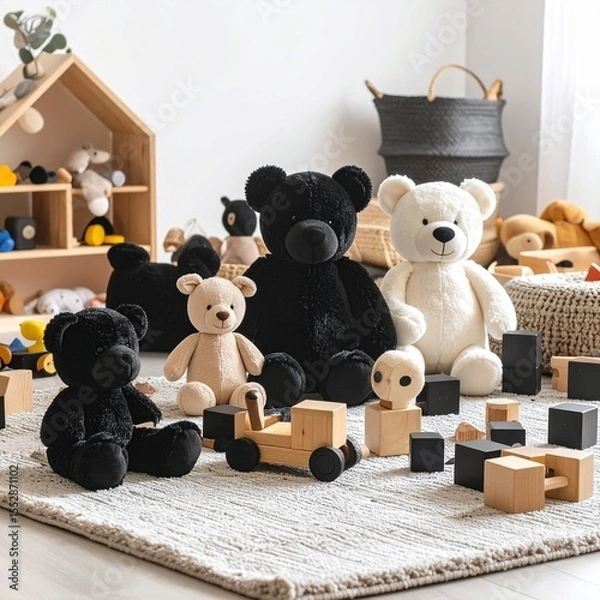 Fototapeta A colorful collection of children's toys arranged neatly on a soft play mat, including building blocks, stuffed animals, and wooden puzzles, bright lighting, cheerful atmosphere, ultra-detailed