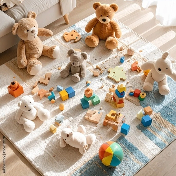Fototapeta A colorful collection of children's toys arranged neatly on a soft play mat, including building blocks, stuffed animals, and wooden puzzles, bright lighting, cheerful atmosphere, ultra-detailed
