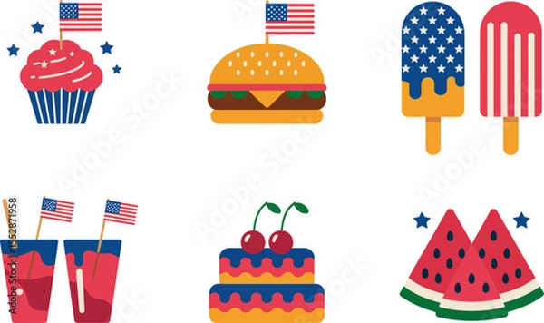 Fototapeta Patriotic sweets and snacks set. Cupcake, burger, popsicle, watermelon, cherry cake, muffins with flags, bright bold colors. 4th of July dessert decoration vector set  