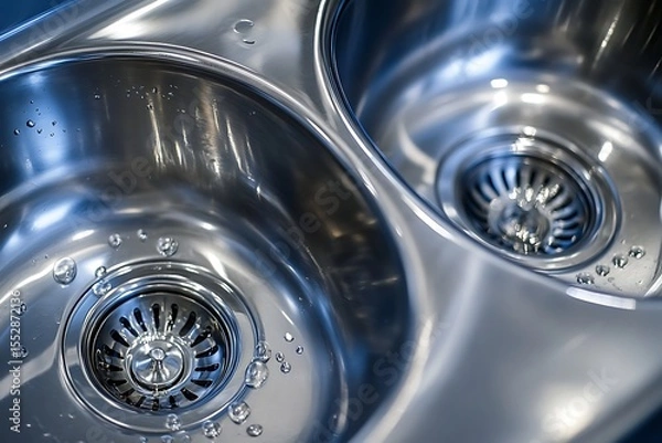 Fototapeta Close-up of shiny, stainless steel kitchen sink with water droplets. Two bowls with drains are visible