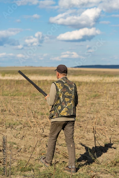 Fototapeta Mature man hunter with gun while walking on field.