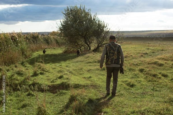 Fototapeta Mature man hunter with gun while walking on field.