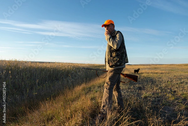 Fototapeta Mature man hunter with gun while walking on field.