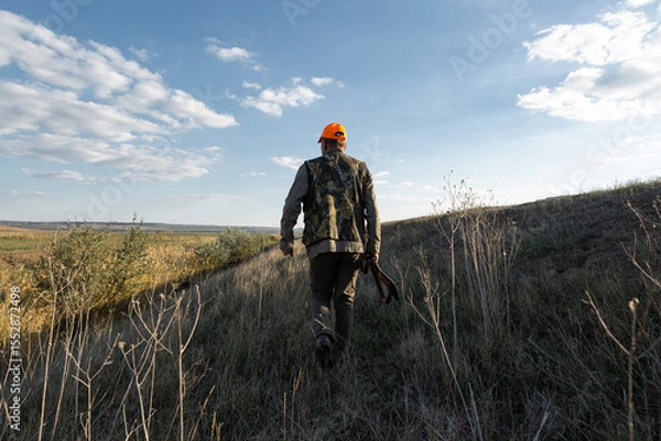 Fototapeta Mature man hunter with gun while walking on field.