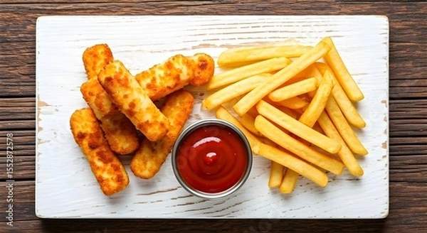 Fototapeta Crispy Halloumi cheese sticks Fries with sweet hot sauce on white wooden board top view