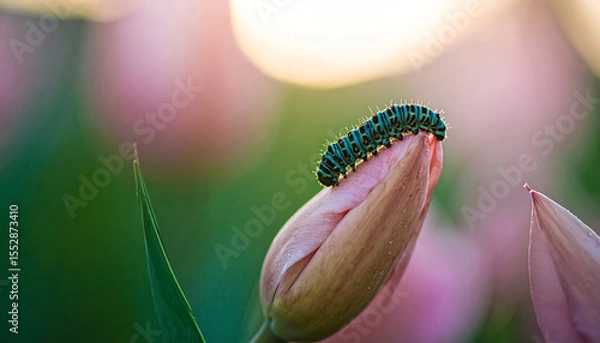 Fototapeta caterpillar  on pink Tulip with Bokeh Background