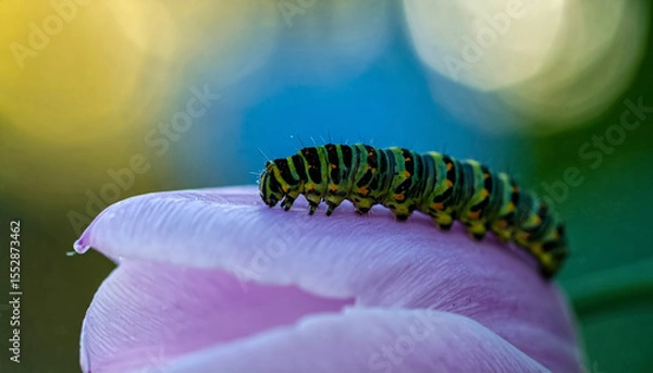 Fototapeta caterpillar  on pink Tulip with Bokeh Background