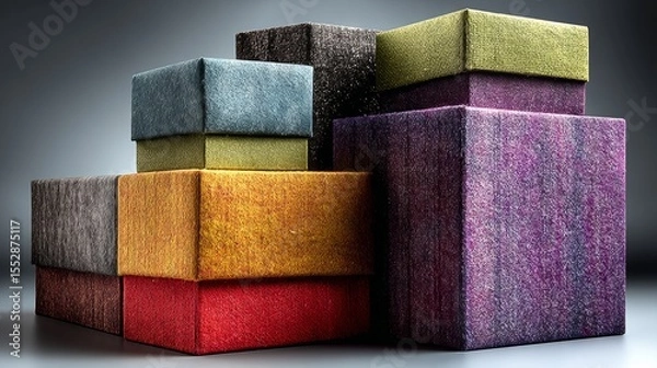 Fototapeta Colorful textured gift boxes stacked together for festive packaging visuals and celebration product photography