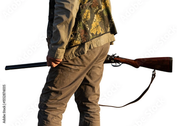 Fototapeta Mature man hunter with gun while walking on field.
