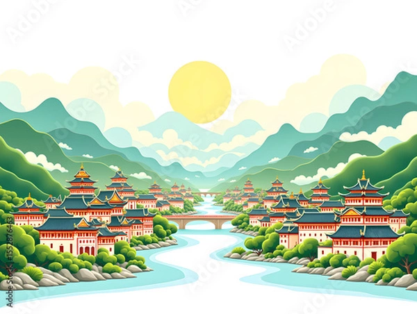 Fototapeta Chinese style ancient building building traditional national style ancient building national tide illustration background