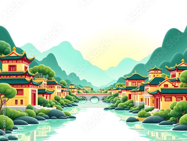 Fototapeta Chinese style ancient building building traditional national style ancient building national tide illustration background