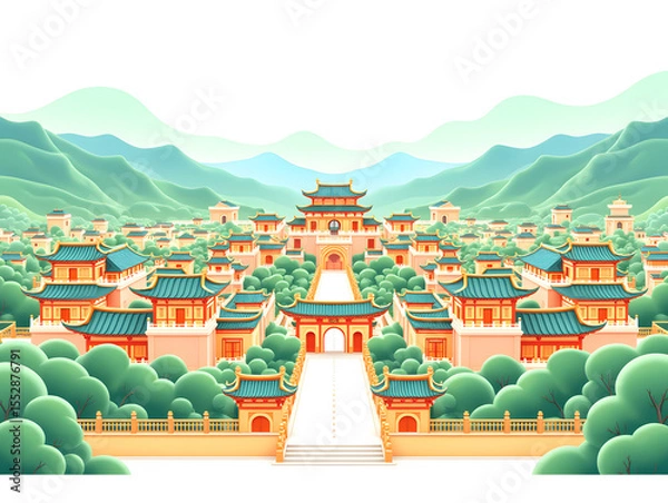 Fototapeta Chinese style ancient building building traditional national style ancient building national tide illustration background