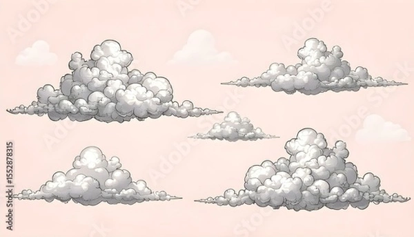 Obraz Set of engraved style clouds drawn in vector sketch.